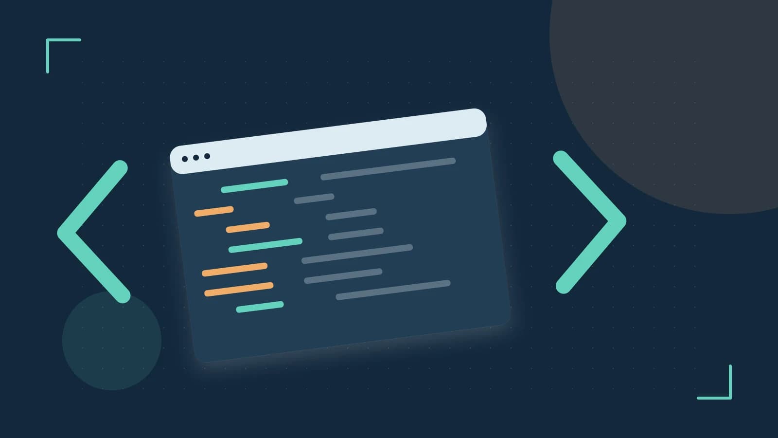 Editorial illustration of an abstract code editor, syntax blocks and oversized programming brackets
