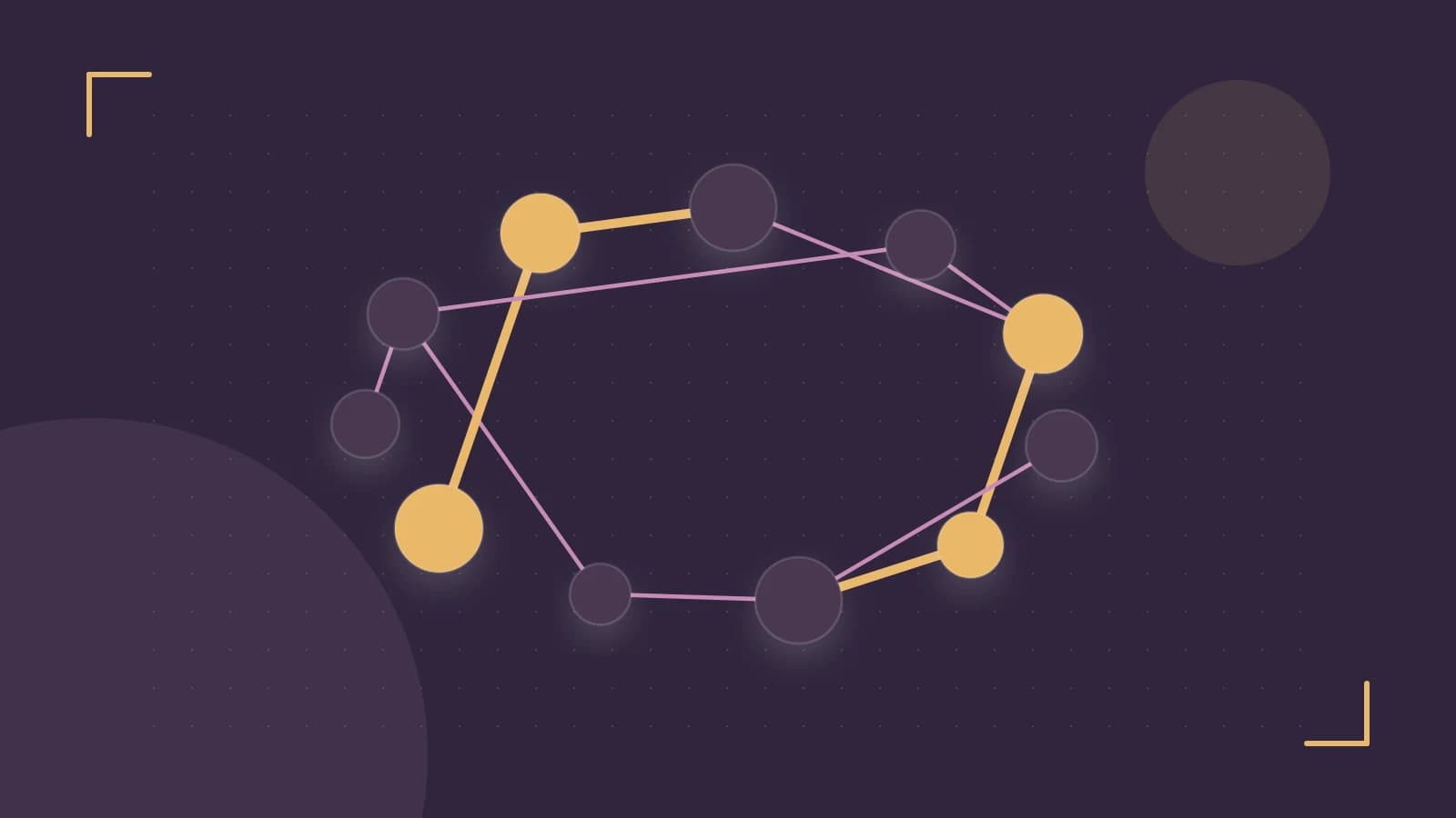 Editorial illustration of an algorithmic node graph with branching paths and a highlighted result