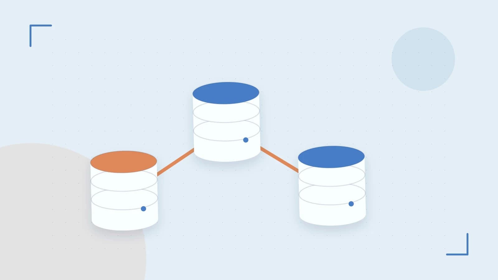 Editorial illustration of structured records, database cylinders and relationships between tables
