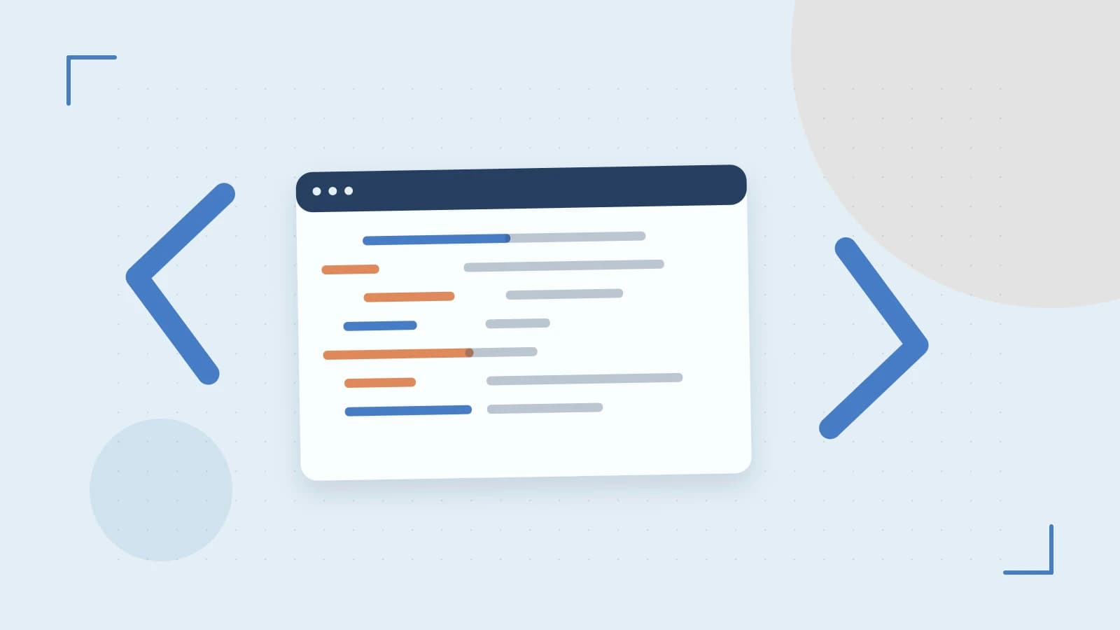 Editorial illustration of an abstract code editor, syntax blocks and oversized programming brackets
