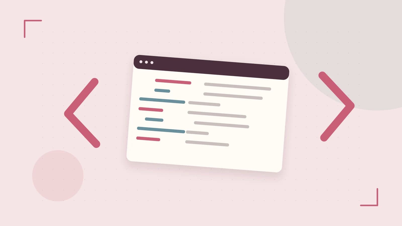 Editorial illustration of an abstract code editor, syntax blocks and oversized programming brackets