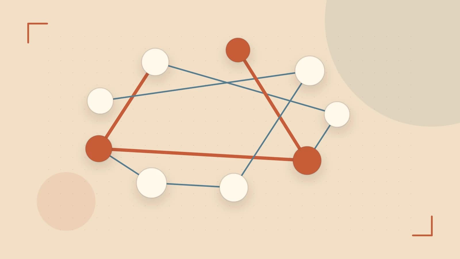 Editorial illustration of an algorithmic node graph with branching paths and a highlighted result