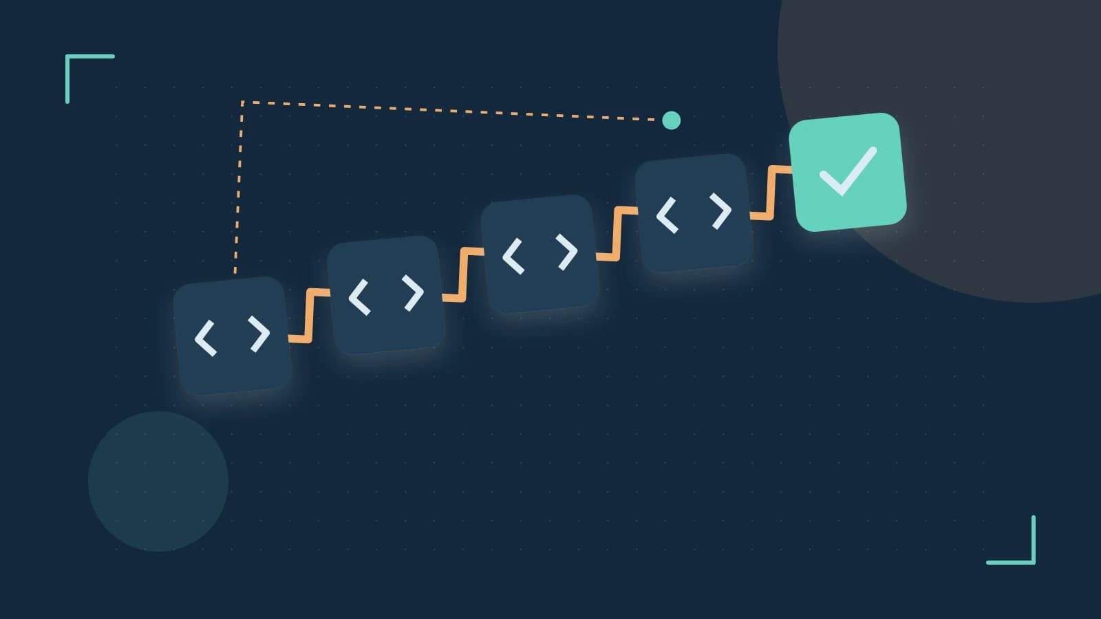Editorial illustration of a branching build pipeline, staged transformations and a completed check