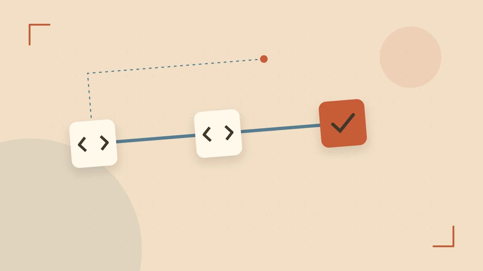 Editorial illustration of a branching build pipeline, staged transformations and a completed check