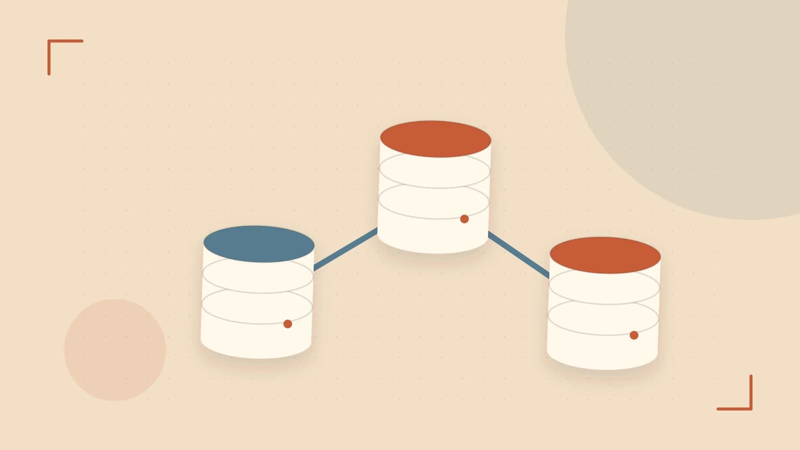 Editorial illustration of structured records, database cylinders and relationships between tables