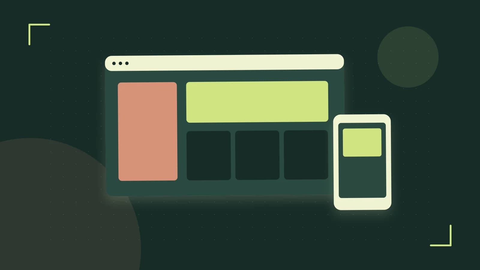 Editorial illustration of responsive browser layouts, overlapping design components and a color system