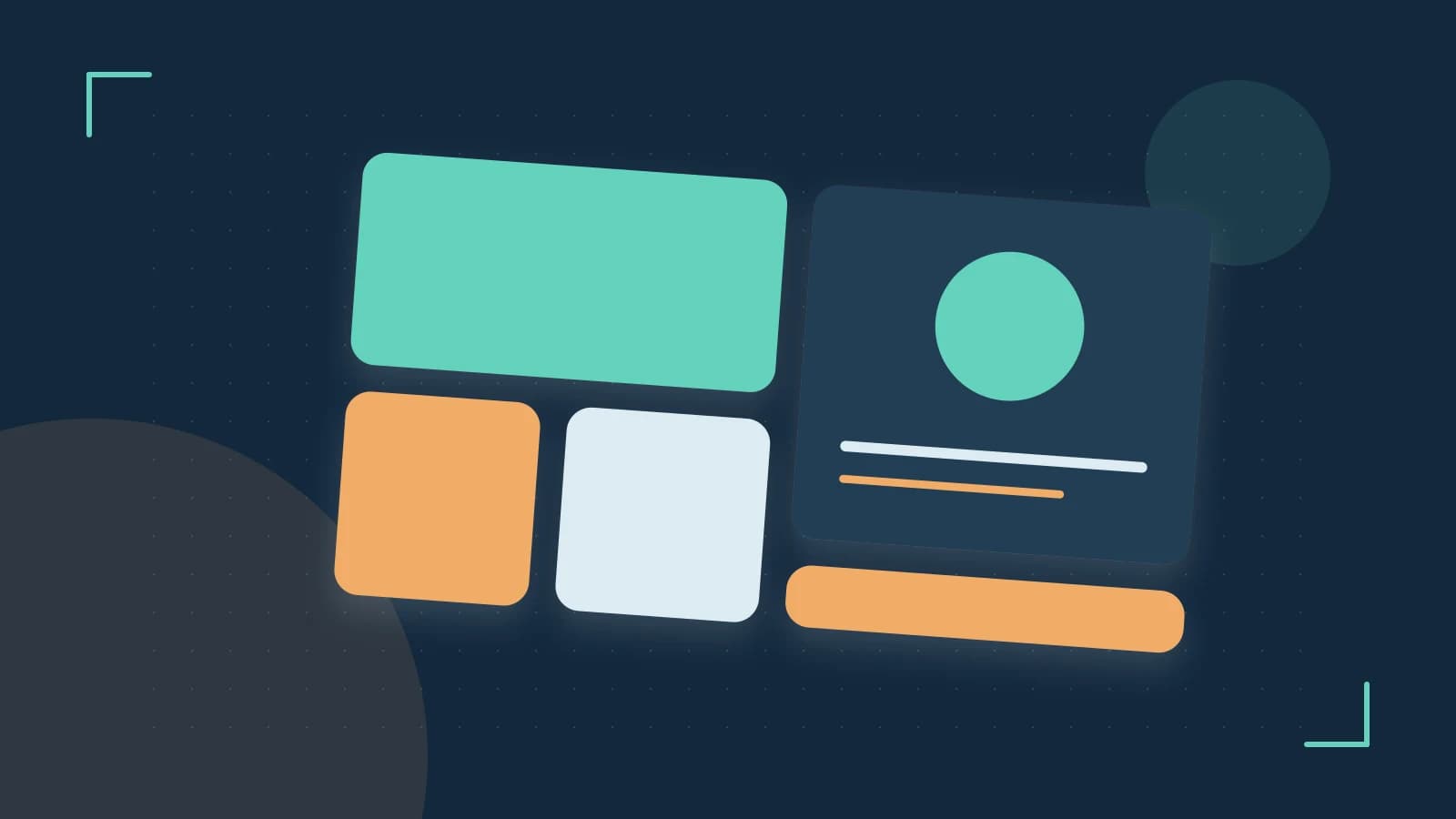 Editorial illustration of responsive browser layouts, overlapping design components and a color system