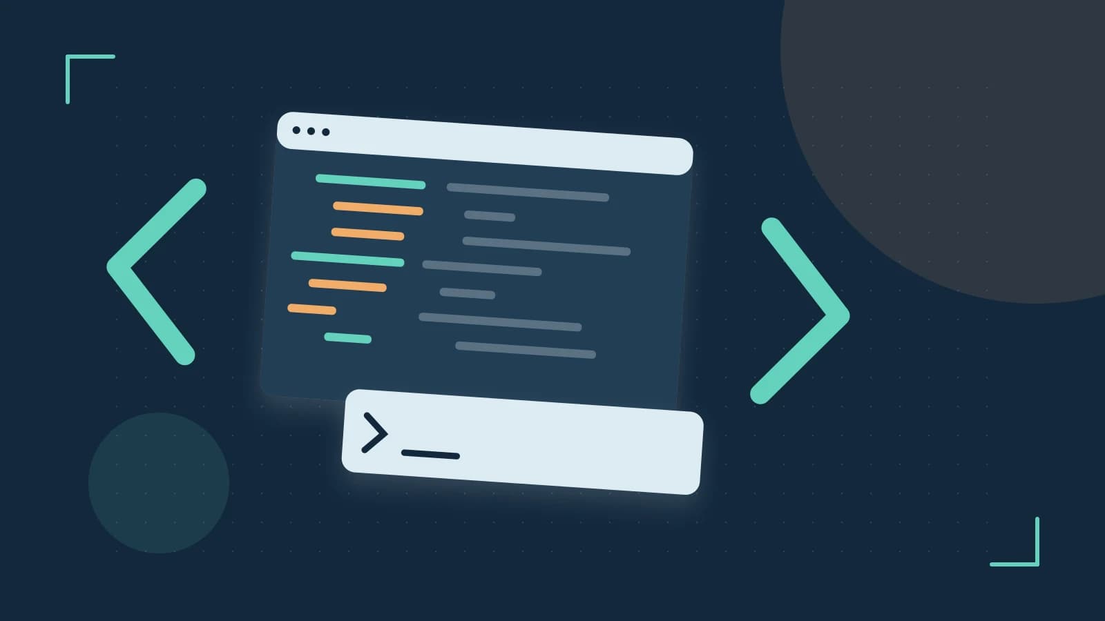 Editorial illustration of an abstract code editor, syntax blocks and oversized programming brackets