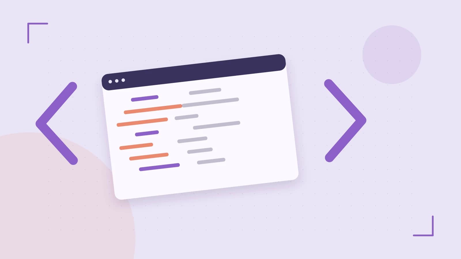 Editorial illustration of an abstract code editor, syntax blocks and oversized programming brackets