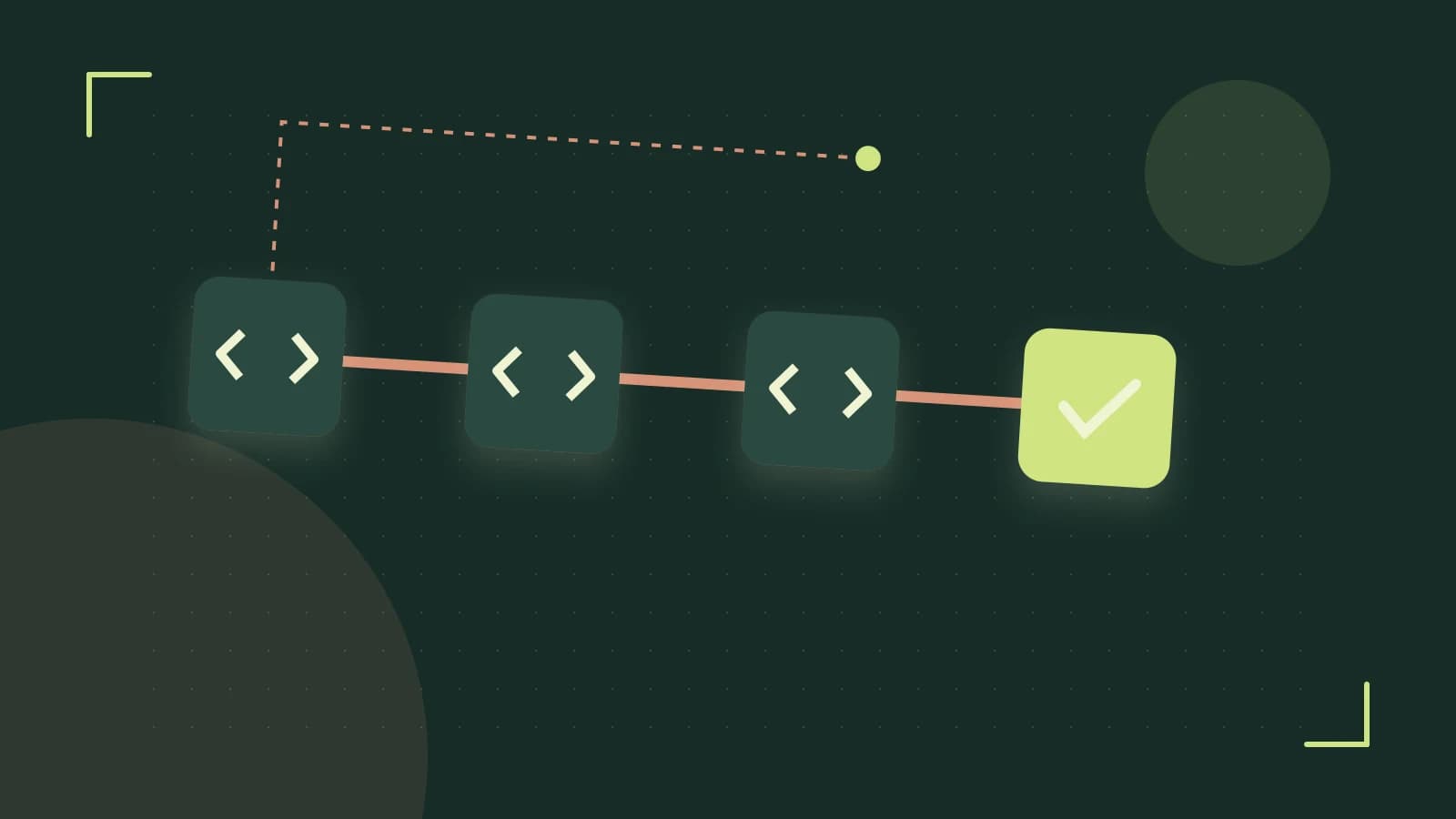 Editorial illustration of a branching build pipeline, staged transformations and a completed check