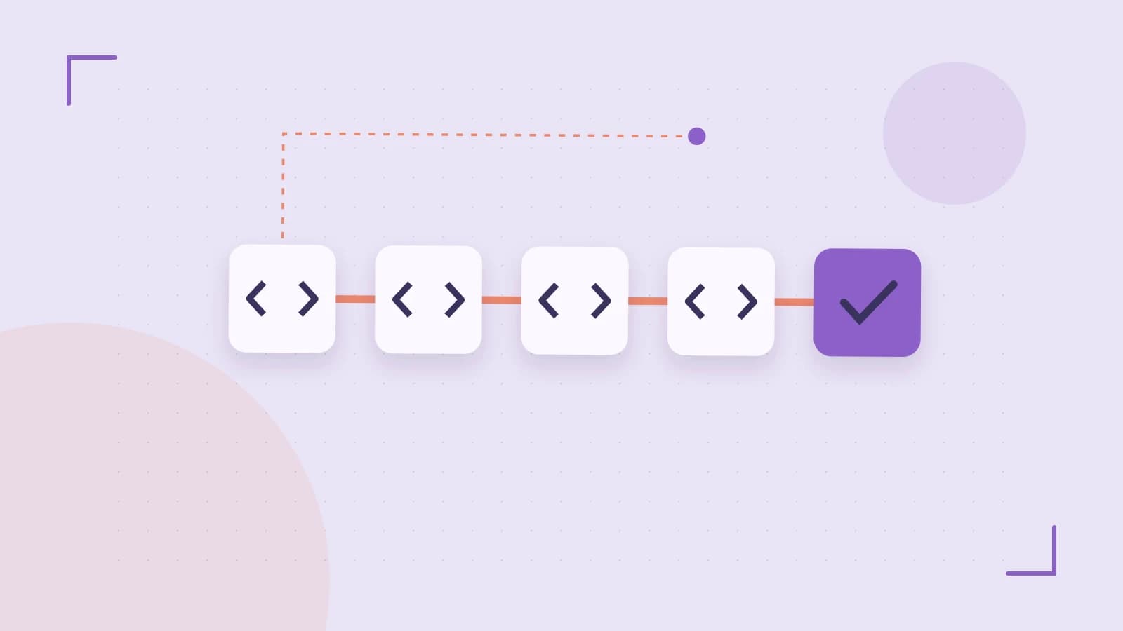 Editorial illustration of a branching build pipeline, staged transformations and a completed check