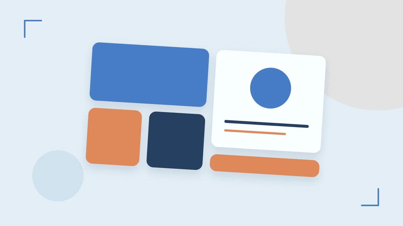 Editorial illustration of responsive browser layouts, overlapping design components and a color system