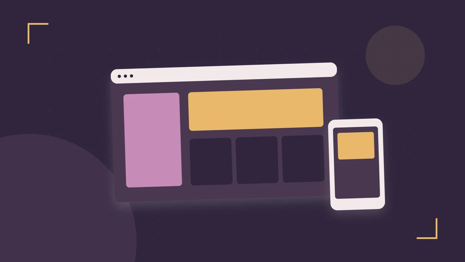 Editorial illustration of responsive browser layouts, overlapping design components and a color system