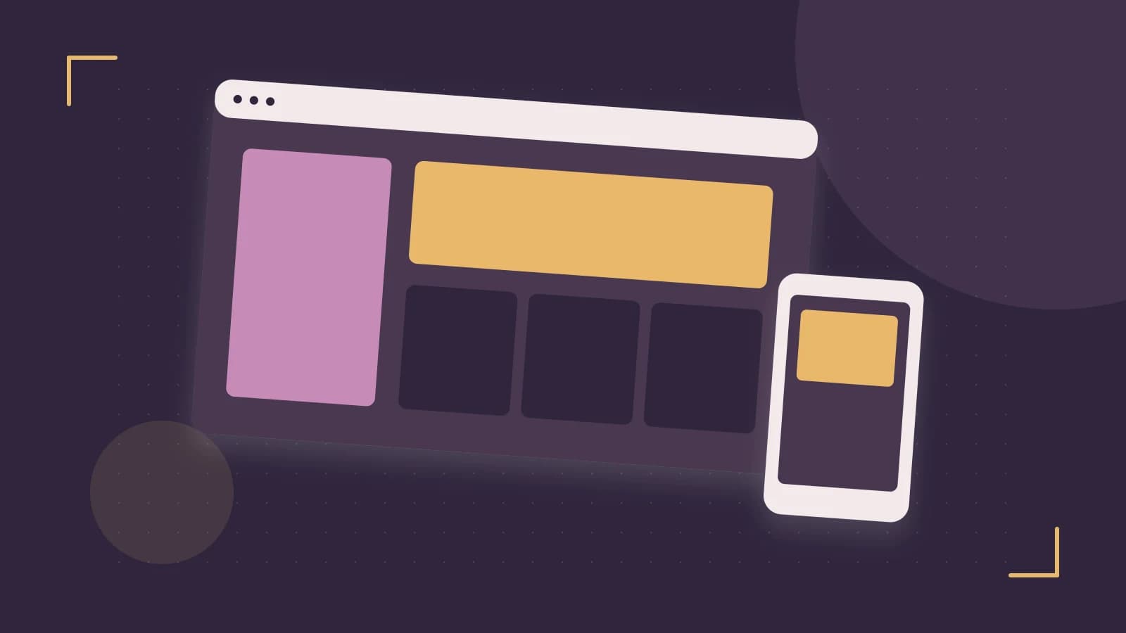 Editorial illustration of responsive browser layouts, overlapping design components and a color system