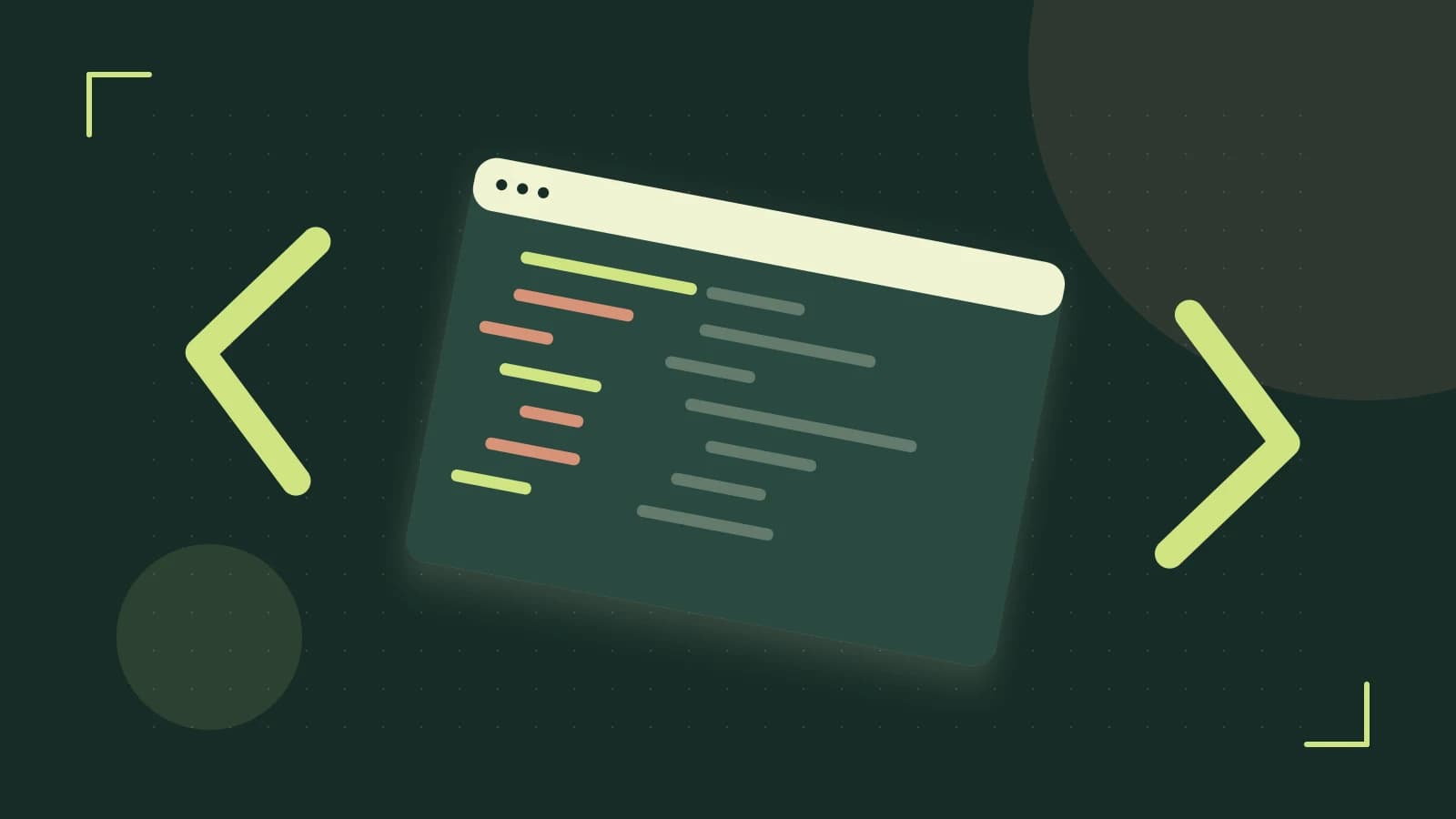 Editorial illustration of an abstract code editor, syntax blocks and oversized programming brackets