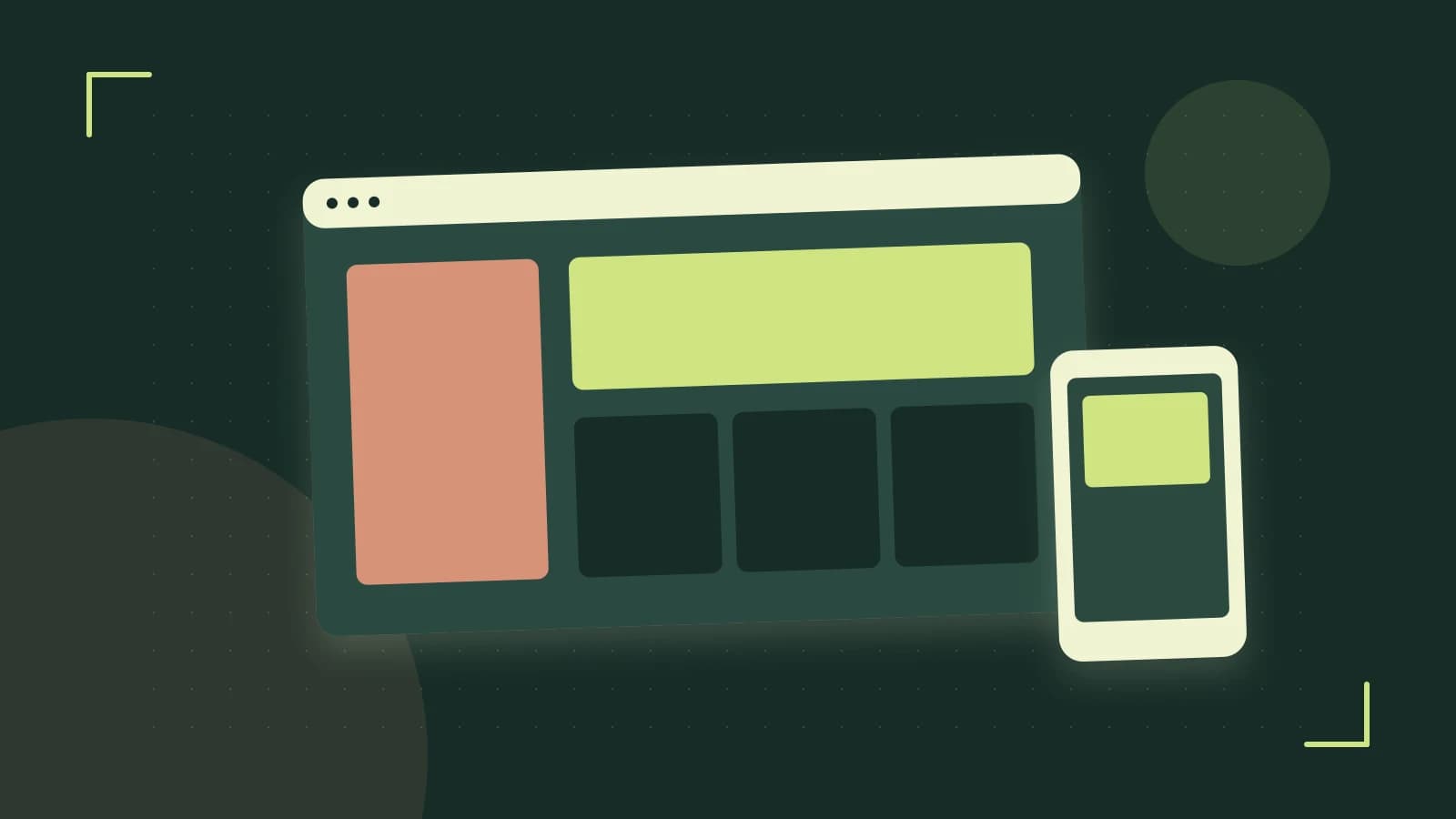 Editorial illustration of responsive browser layouts, overlapping design components and a color system