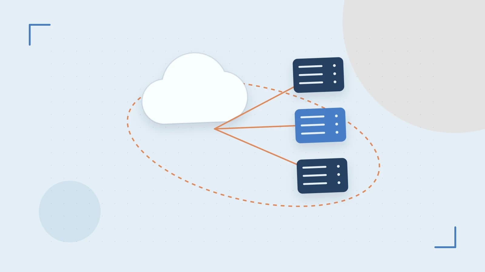 Editorial illustration of cloud infrastructure, connected server racks and an orbital service map