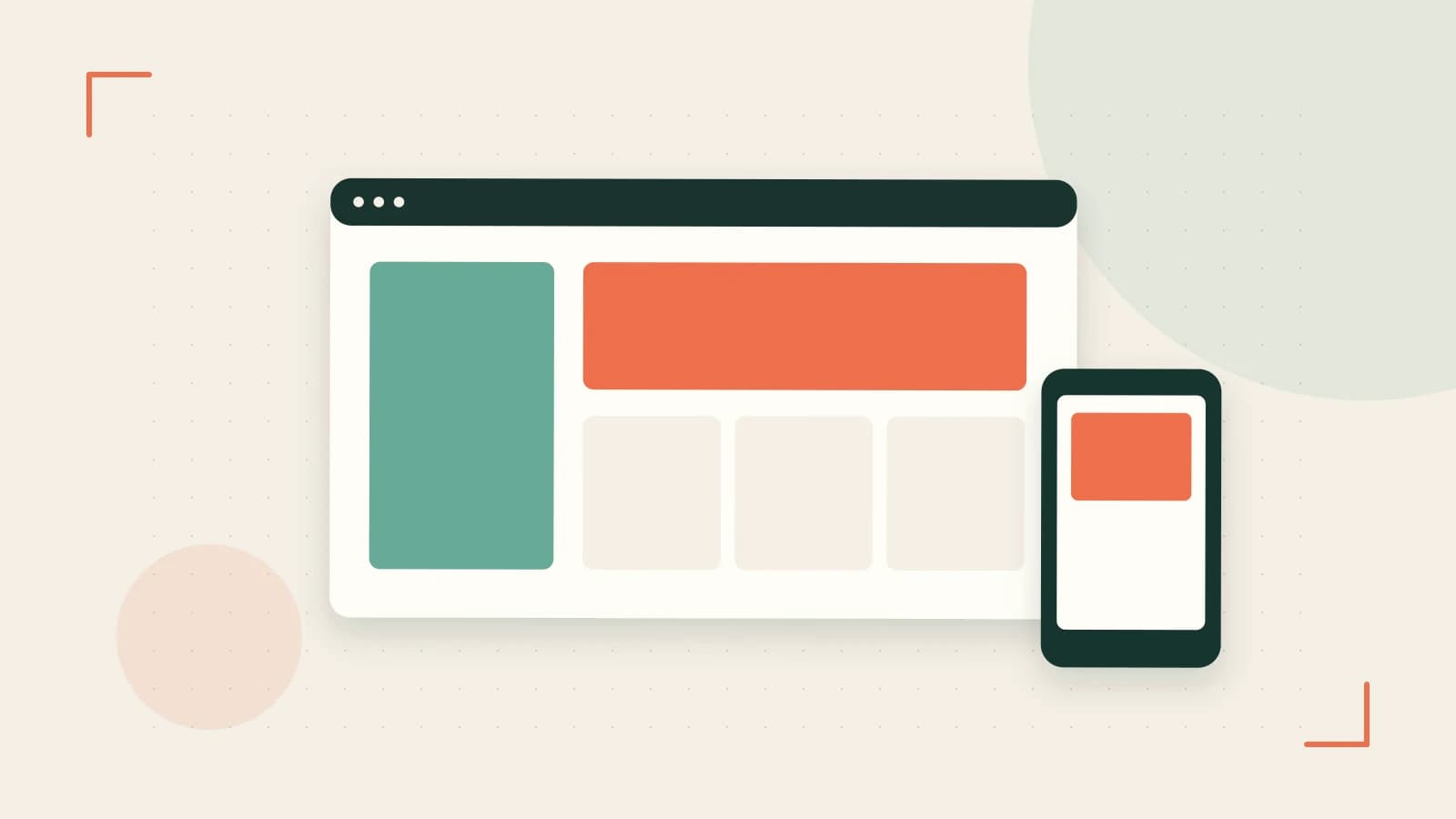 Editorial illustration of responsive browser layouts, overlapping design components and a color system