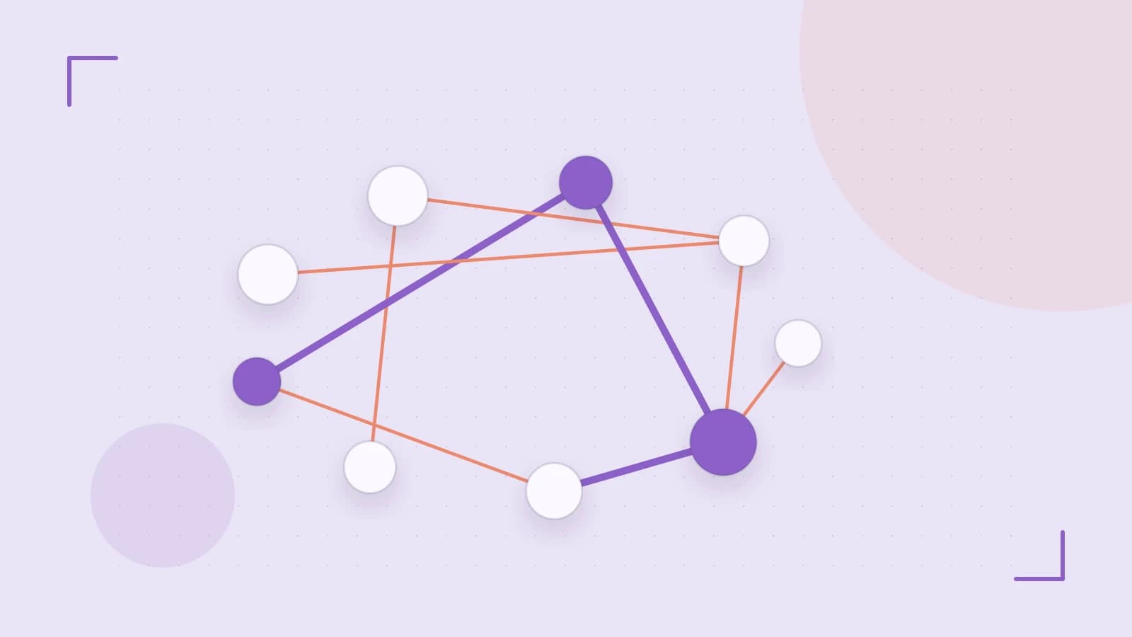 Editorial illustration of an algorithmic node graph with branching paths and a highlighted result