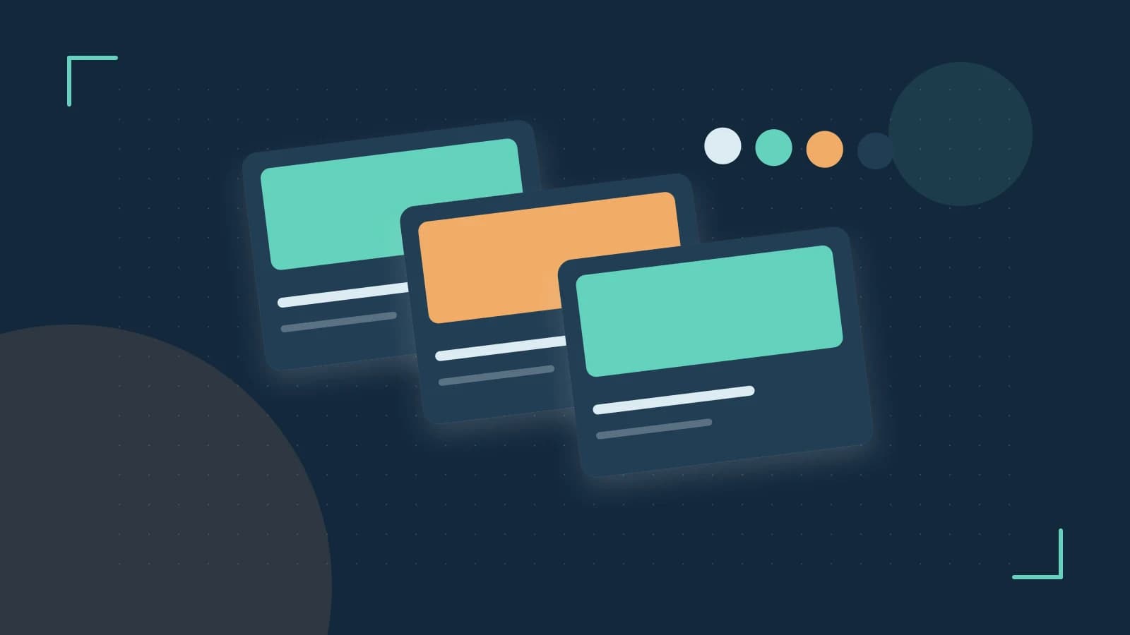Editorial illustration of responsive browser layouts, overlapping design components and a color system