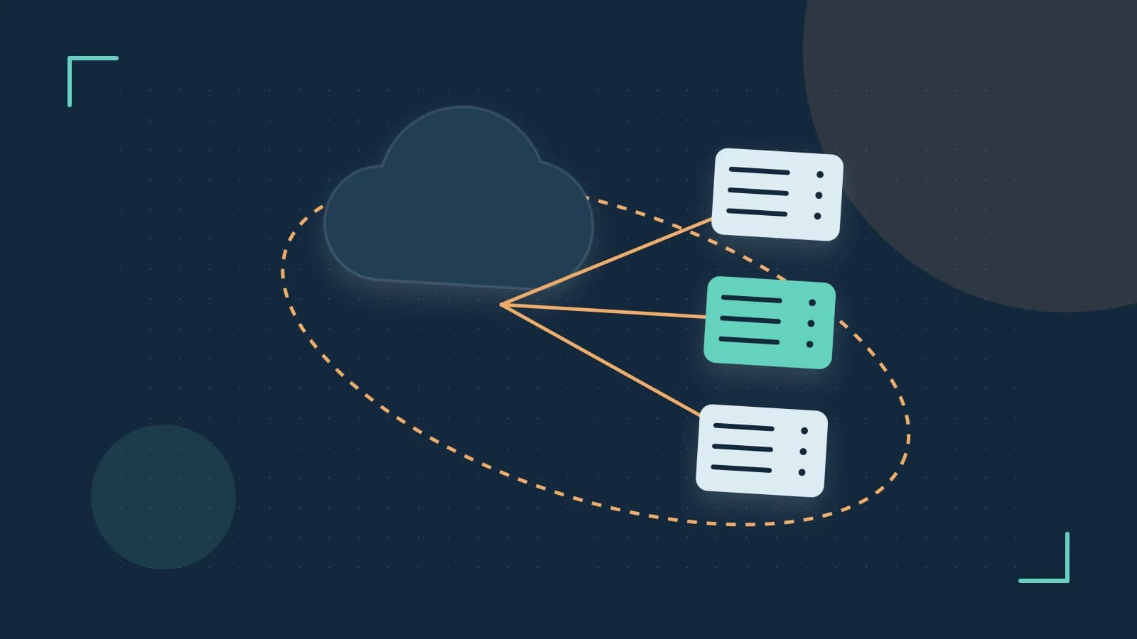 Editorial illustration of cloud infrastructure, connected server racks and an orbital service map