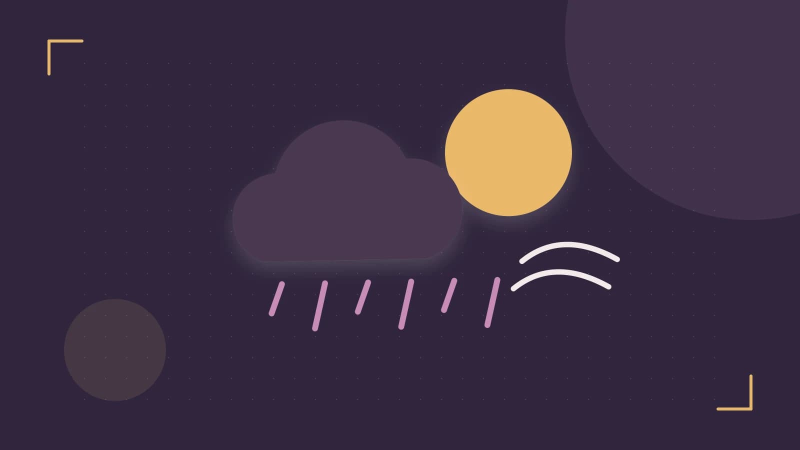 Editorial illustration of a sun, layered clouds, raindrops and flowing weather patterns