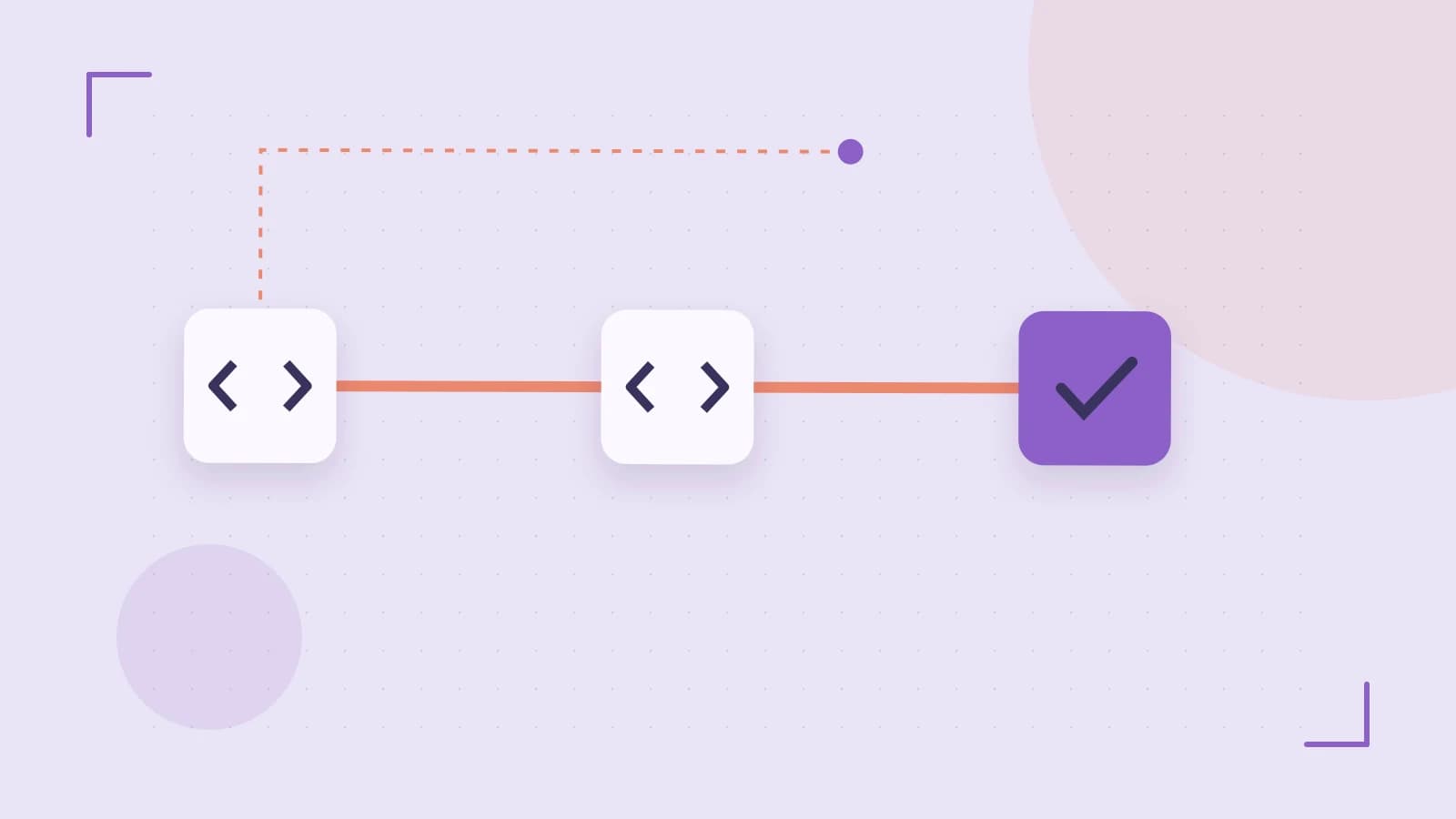 Editorial illustration of a branching build pipeline, staged transformations and a completed check