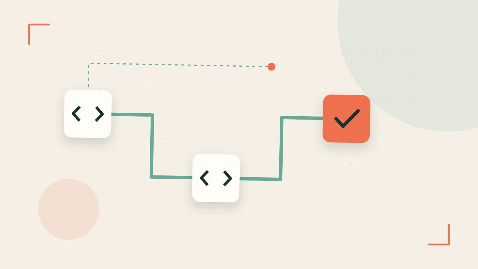Editorial illustration of a branching build pipeline, staged transformations and a completed check