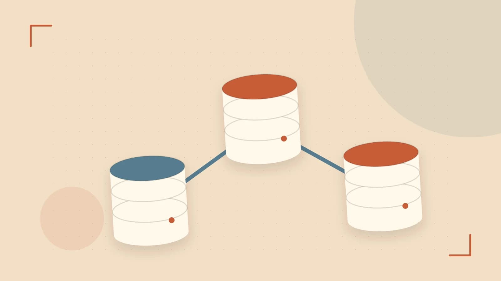 Editorial illustration of structured records, database cylinders and relationships between tables