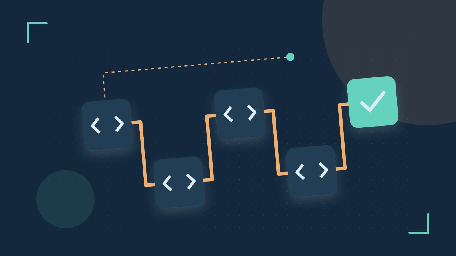 Editorial illustration of a branching build pipeline, staged transformations and a completed check