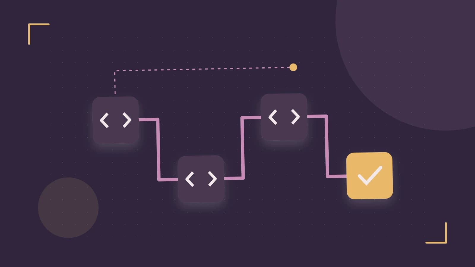 Editorial illustration of a branching build pipeline, staged transformations and a completed check