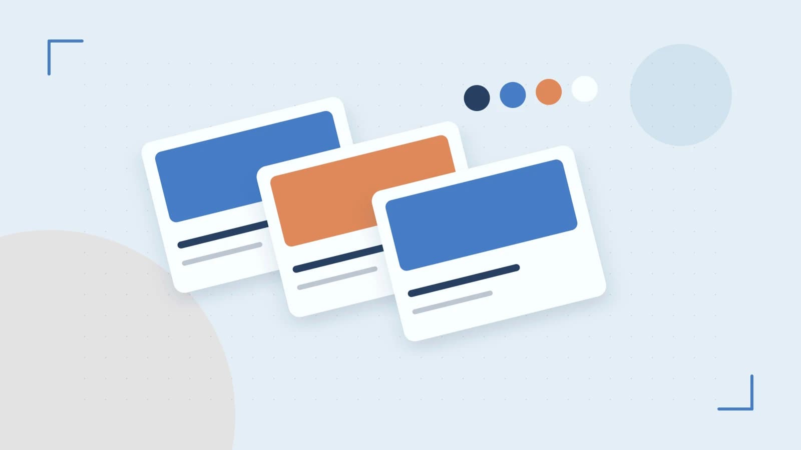 Editorial illustration of responsive browser layouts, overlapping design components and a color system