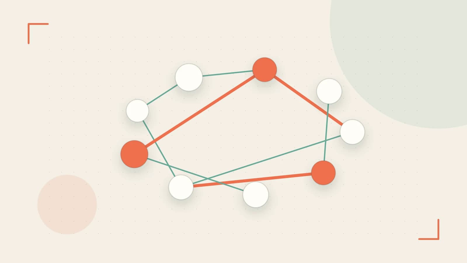 Editorial illustration of an algorithmic node graph with branching paths and a highlighted result