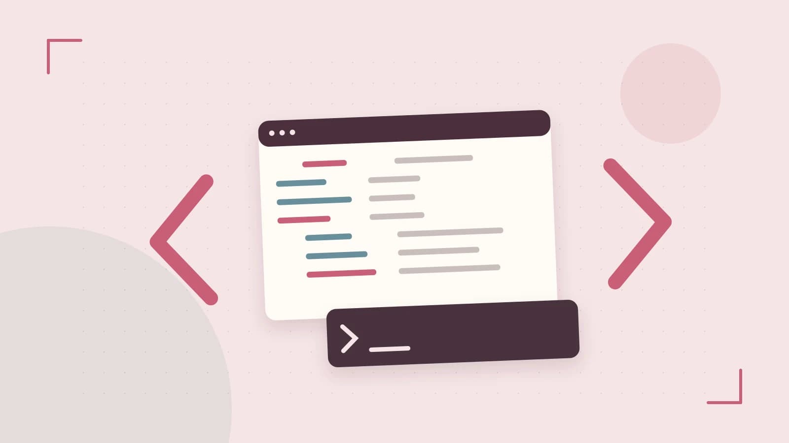 Editorial illustration of an abstract code editor, syntax blocks and oversized programming brackets