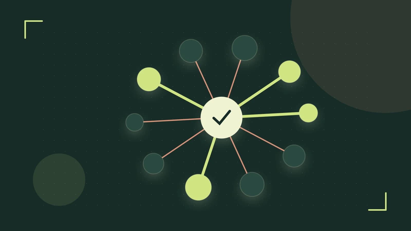 Editorial illustration of an algorithmic node graph with branching paths and a highlighted result