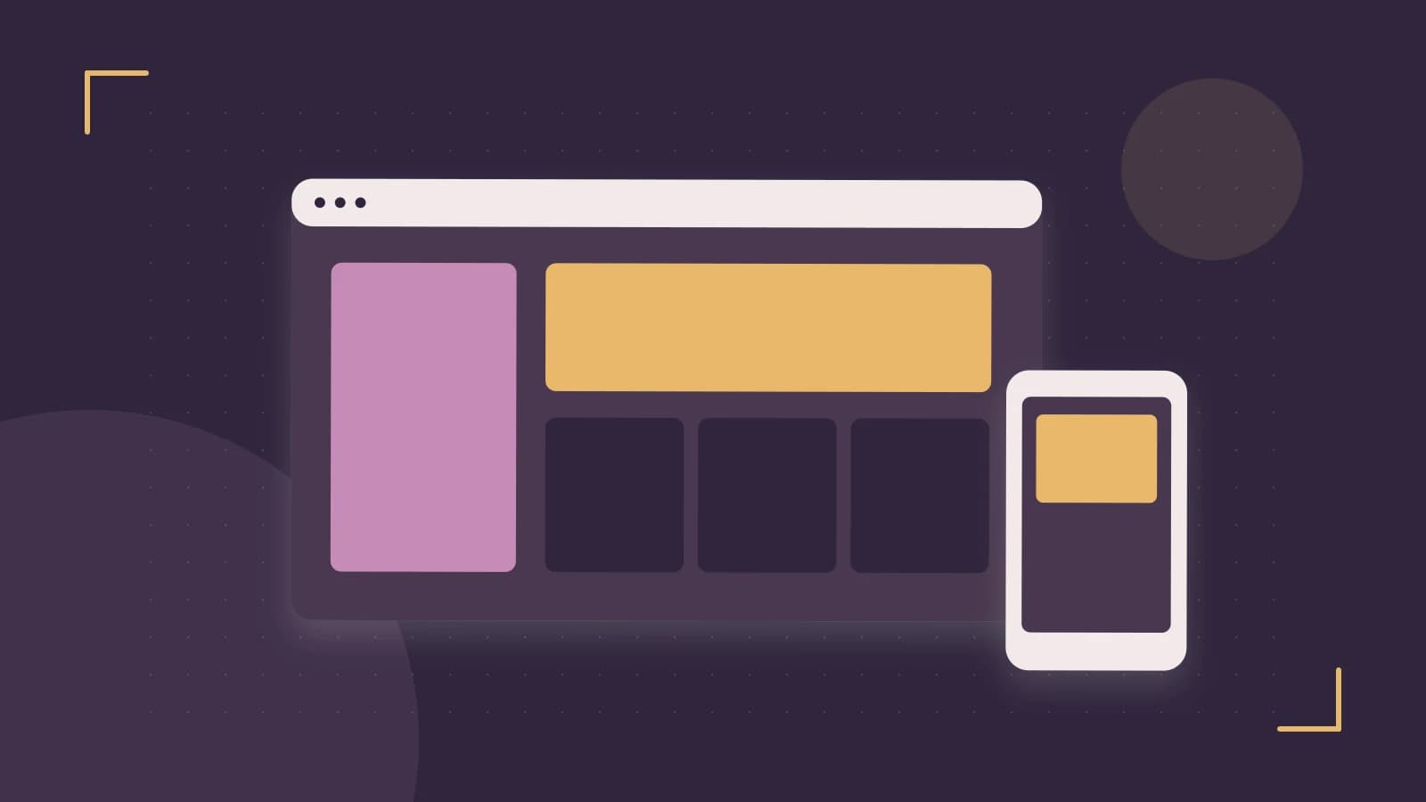 Editorial illustration of responsive browser layouts, overlapping design components and a color system