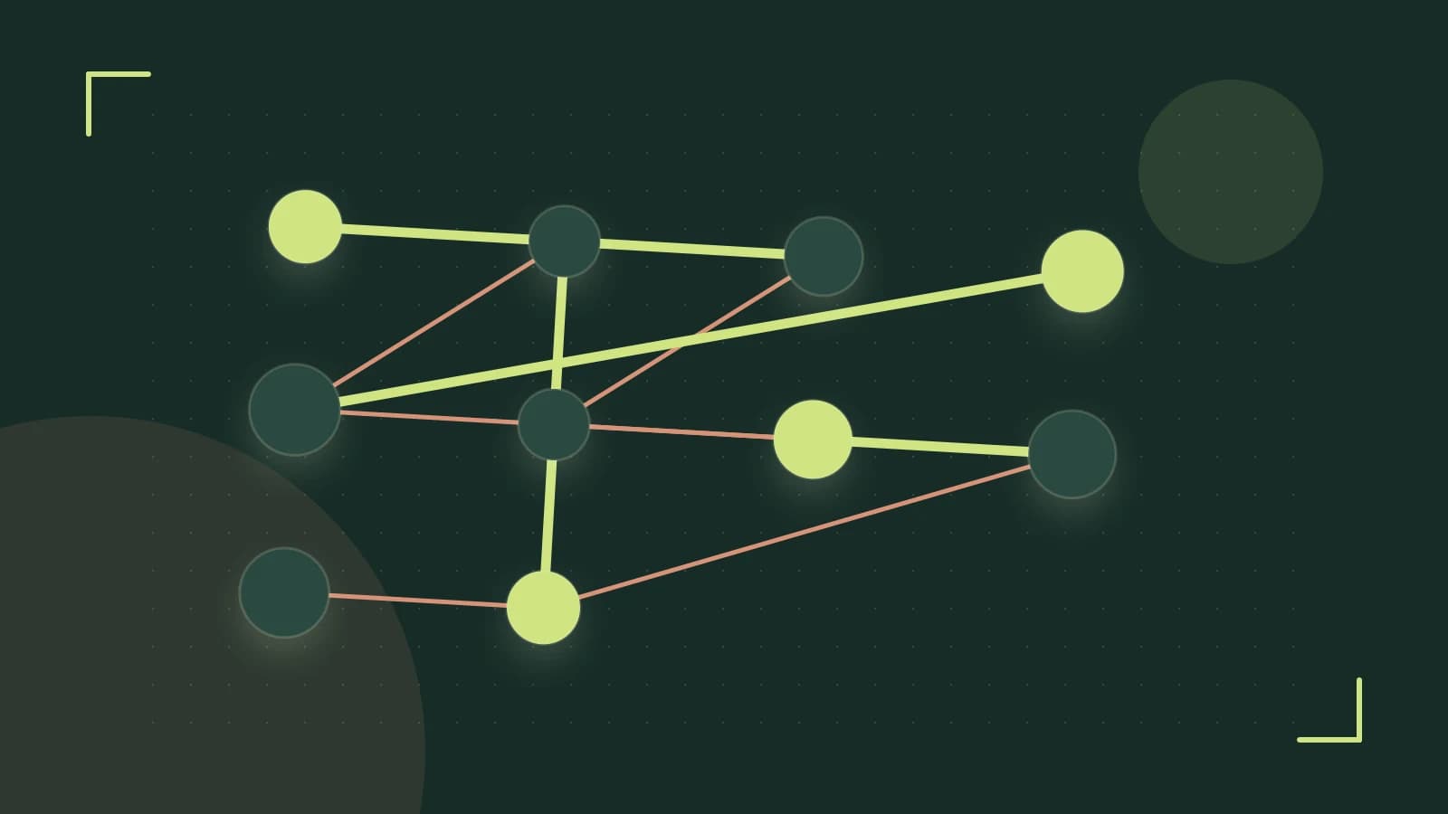 Editorial illustration of an algorithmic node graph with branching paths and a highlighted result