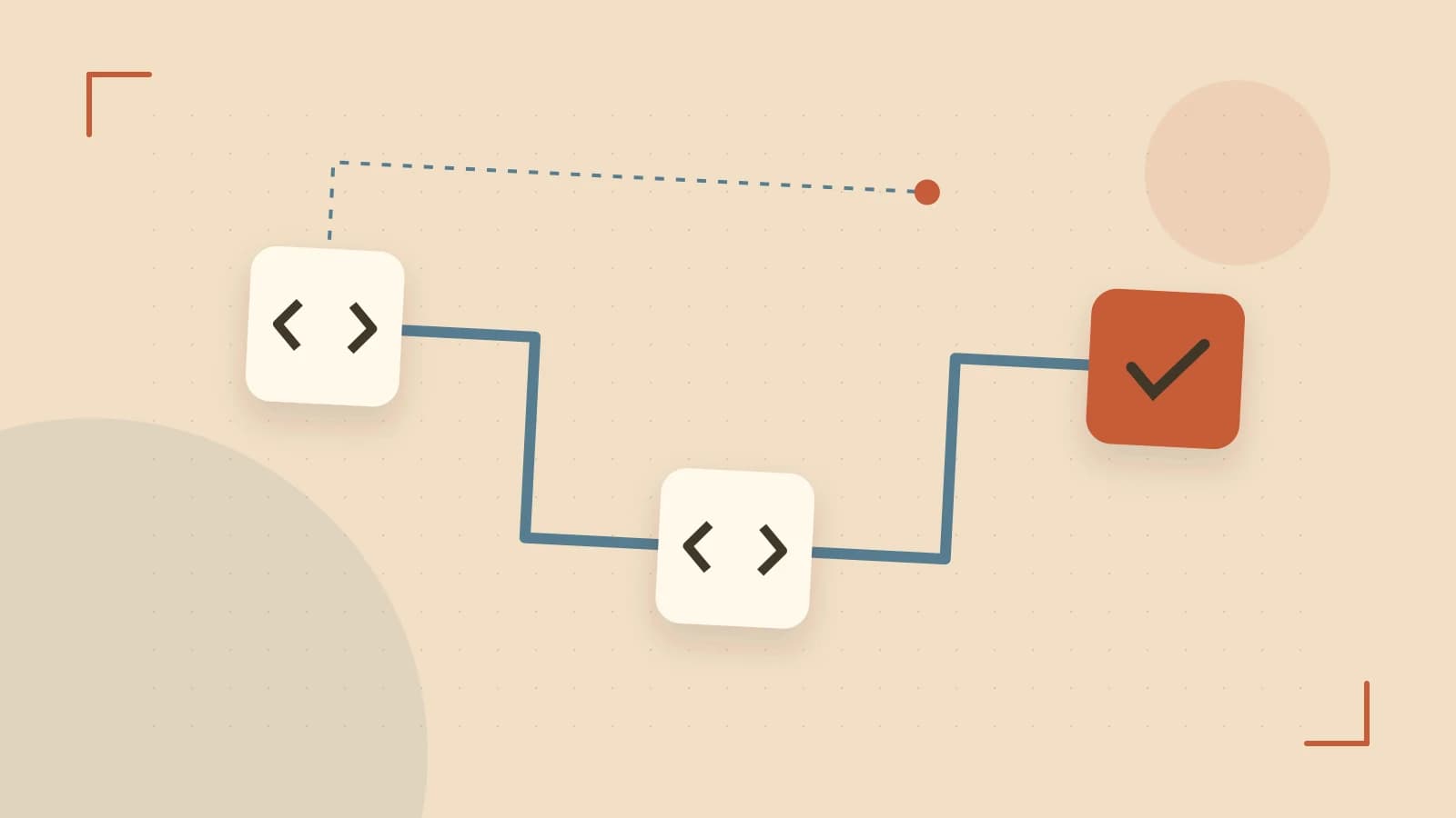 Editorial illustration of a branching build pipeline, staged transformations and a completed check