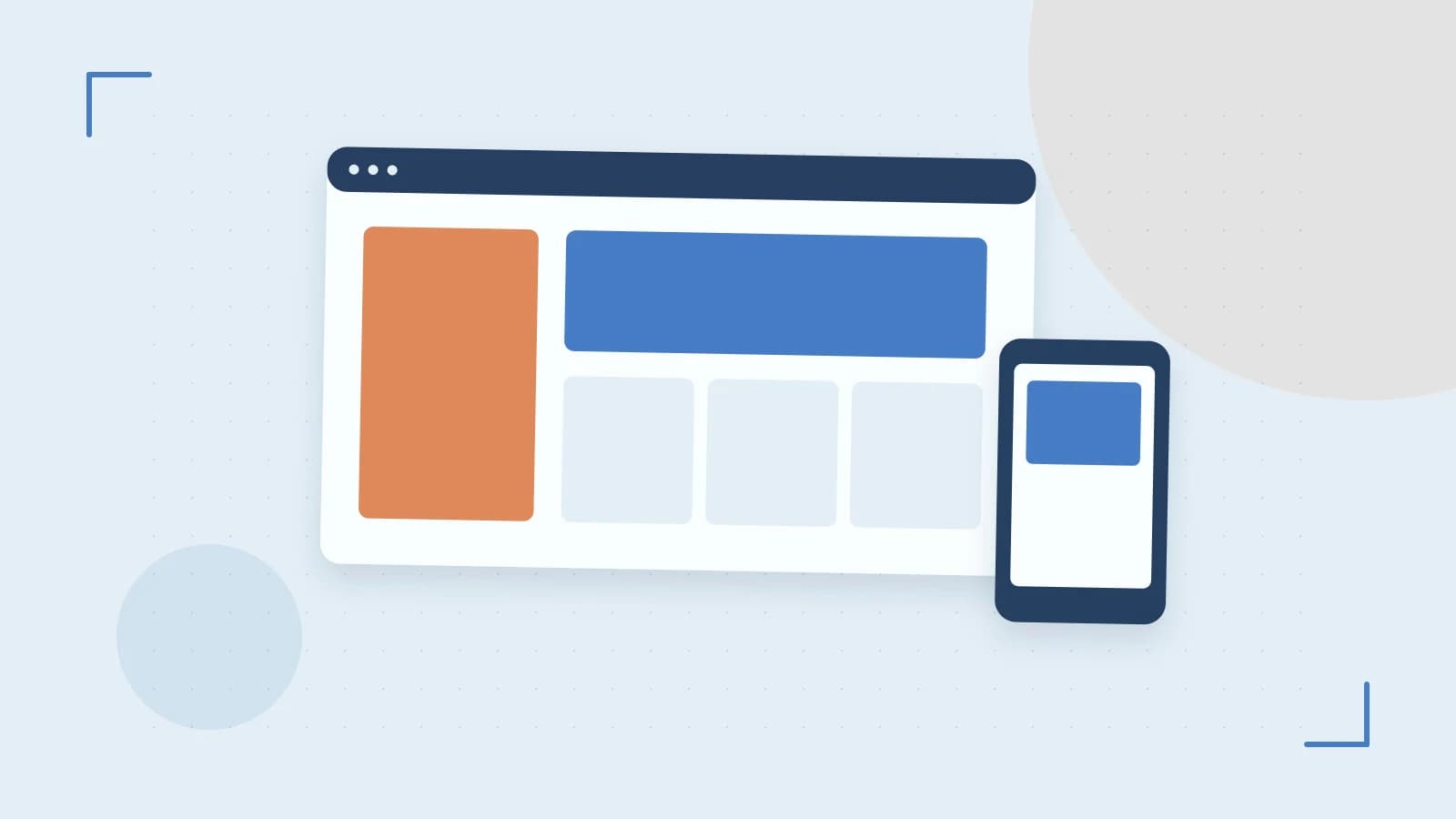 Editorial illustration of responsive browser layouts, overlapping design components and a color system
