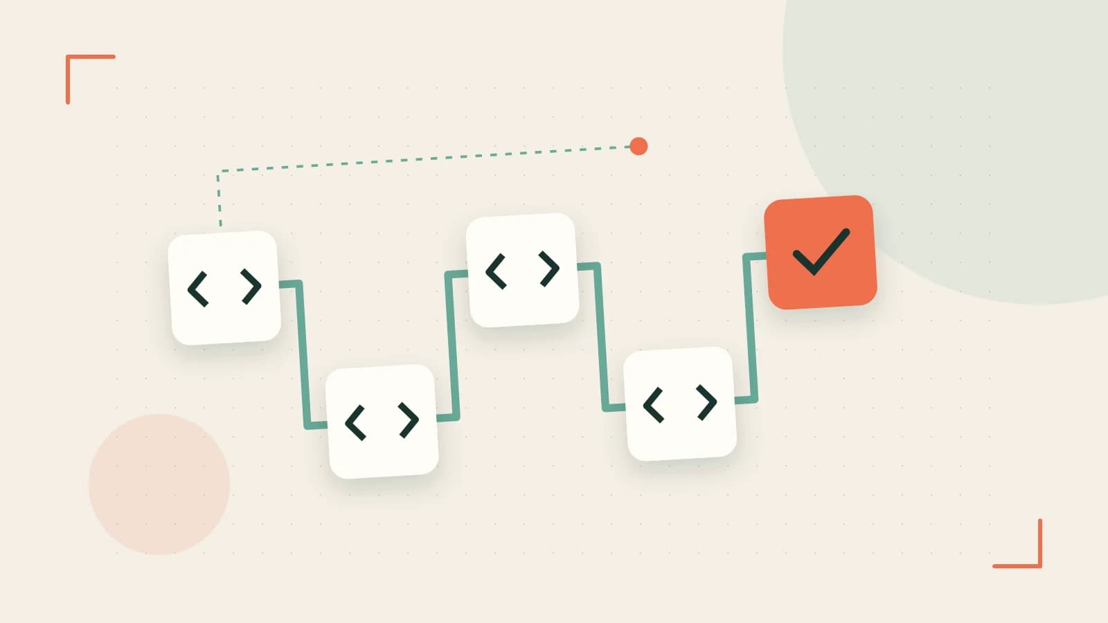 Editorial illustration of a branching build pipeline, staged transformations and a completed check