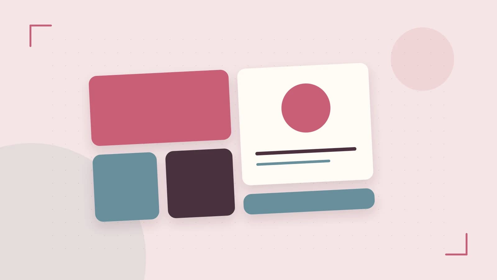 Editorial illustration of responsive browser layouts, overlapping design components and a color system