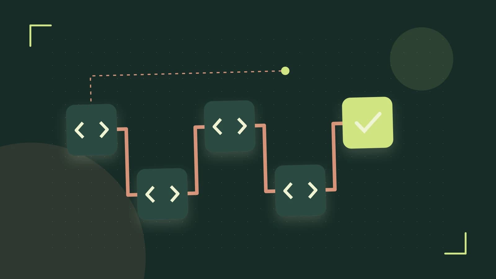 Editorial illustration of a branching build pipeline, staged transformations and a completed check