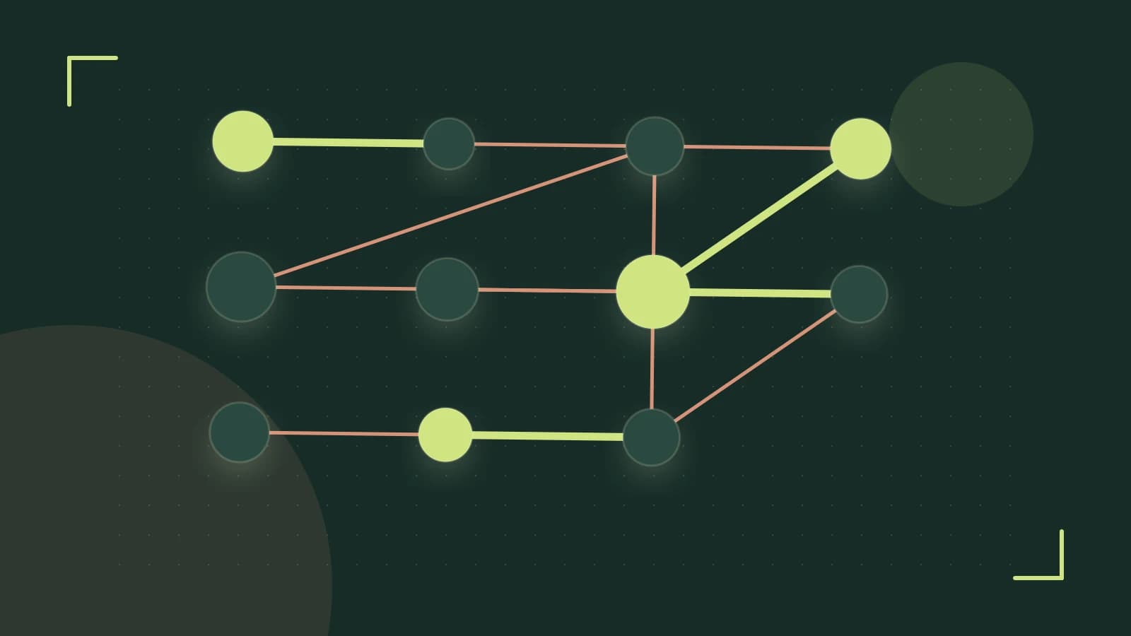Editorial illustration of an algorithmic node graph with branching paths and a highlighted result