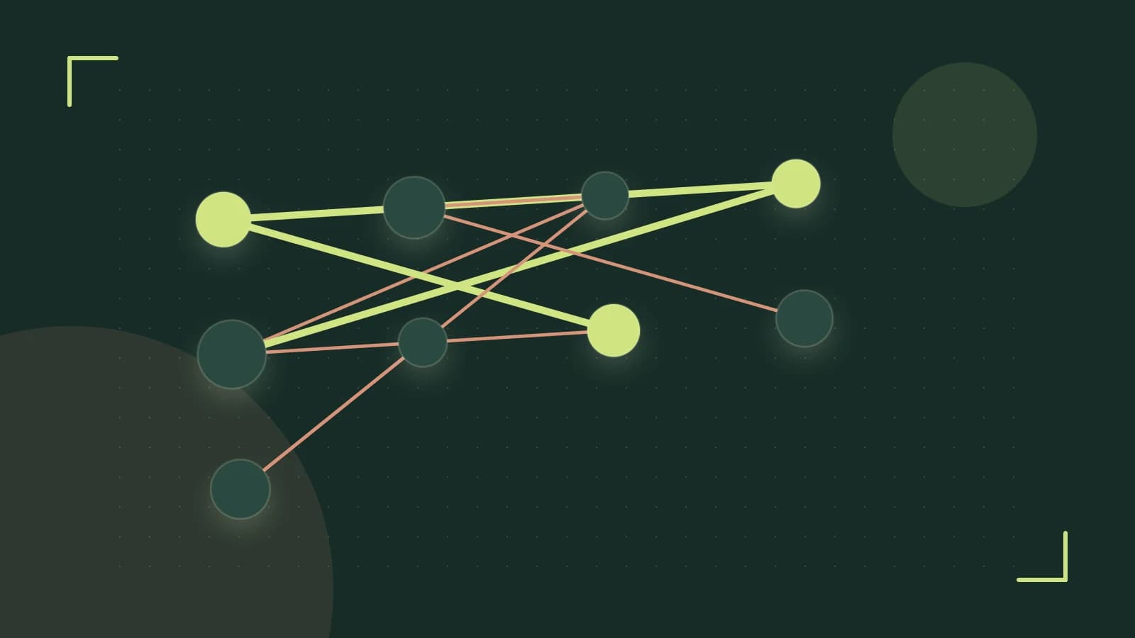 Editorial illustration of an algorithmic node graph with branching paths and a highlighted result