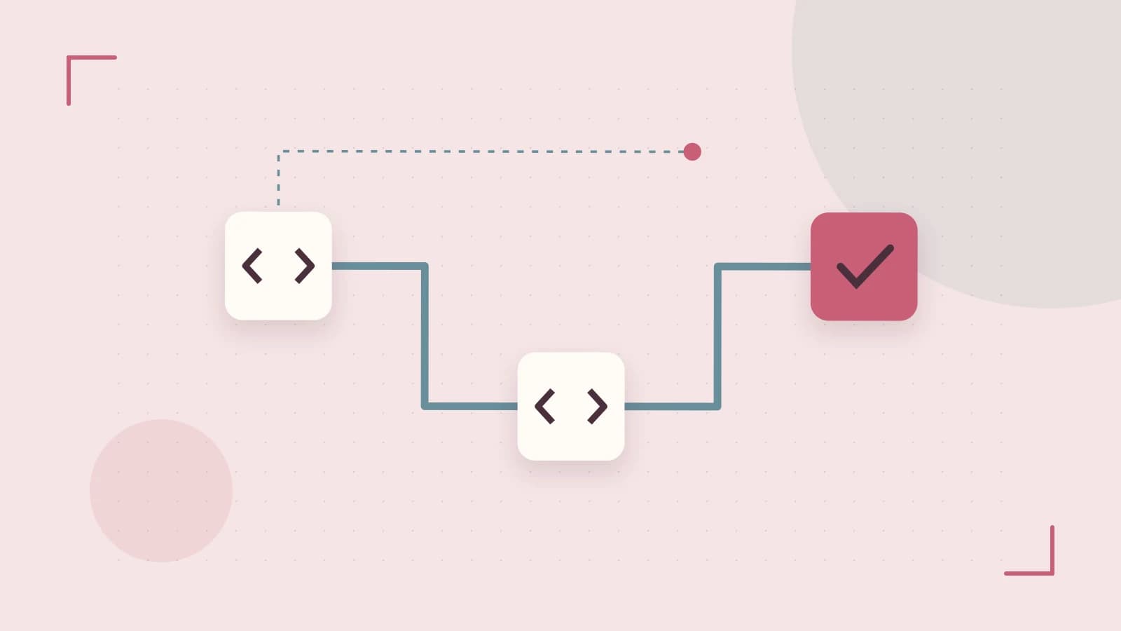 Editorial illustration of a branching build pipeline, staged transformations and a completed check