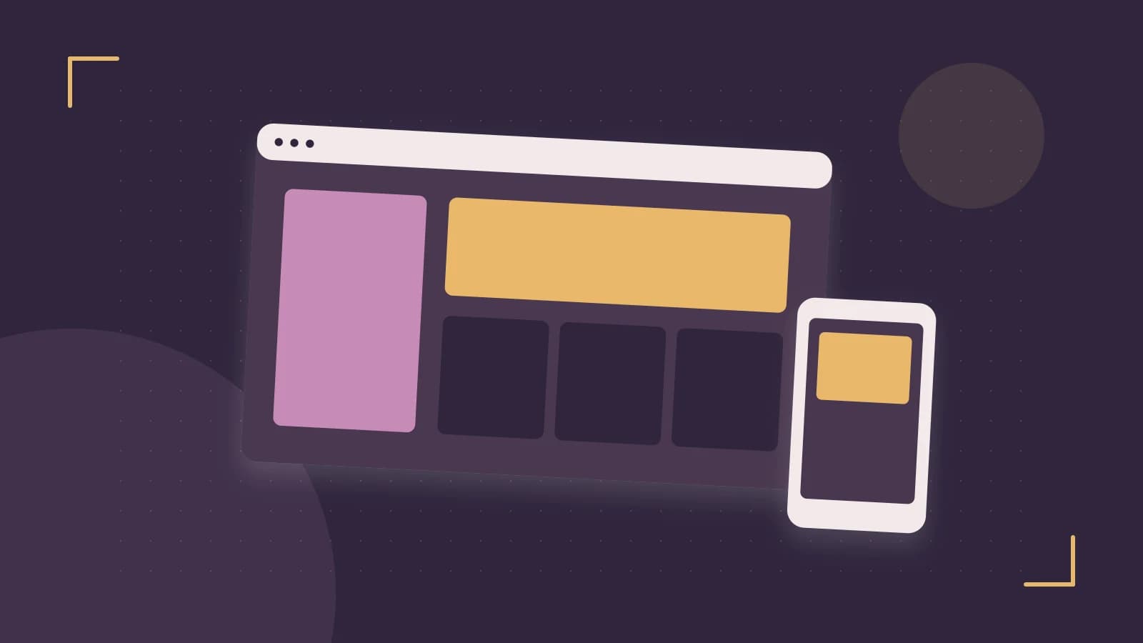Editorial illustration of responsive browser layouts, overlapping design components and a color system