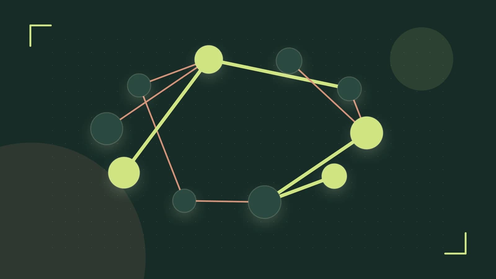 Editorial illustration of an algorithmic node graph with branching paths and a highlighted result