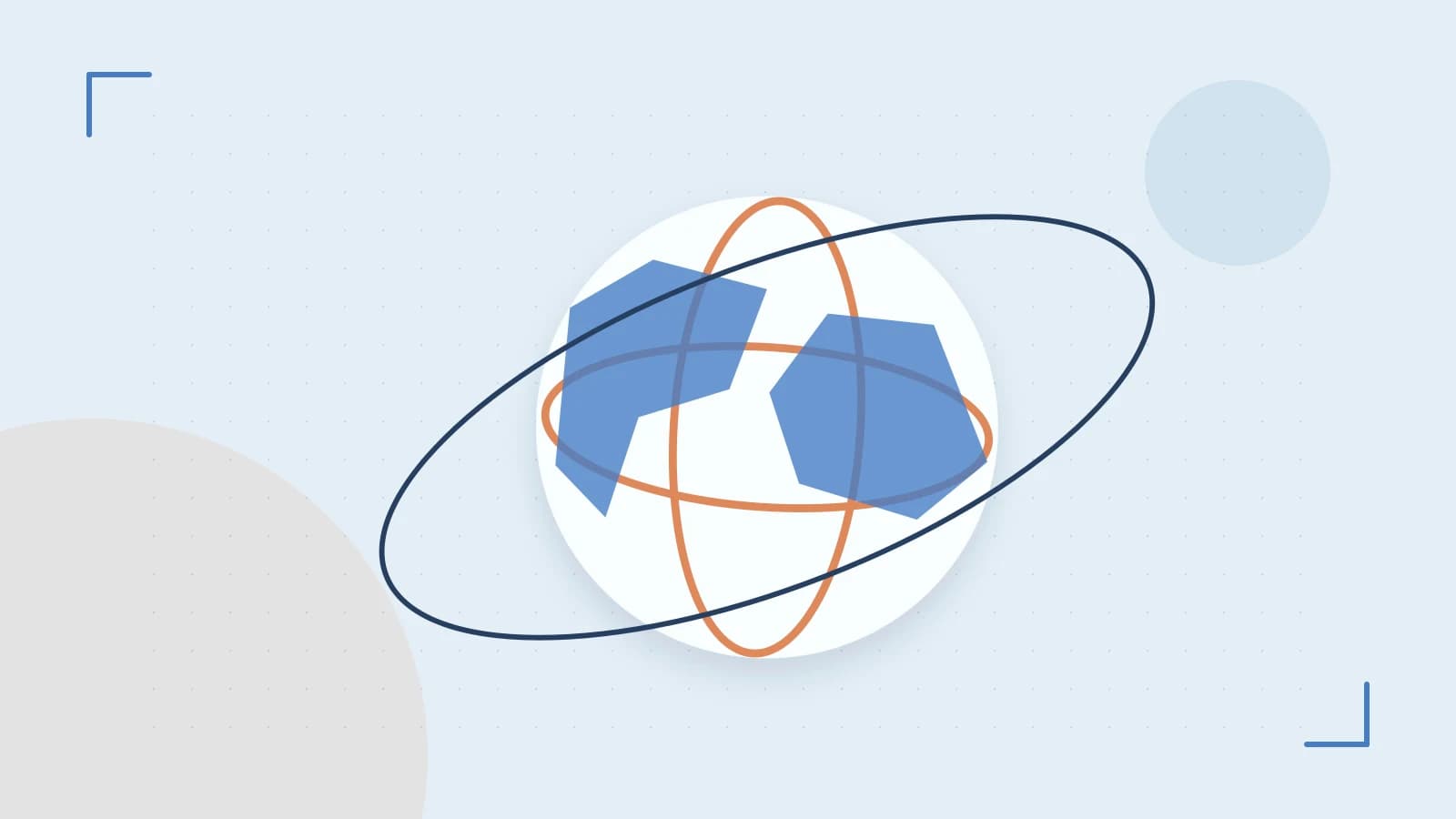 Editorial illustration of an editorial globe with meridians and layered geographic shapes