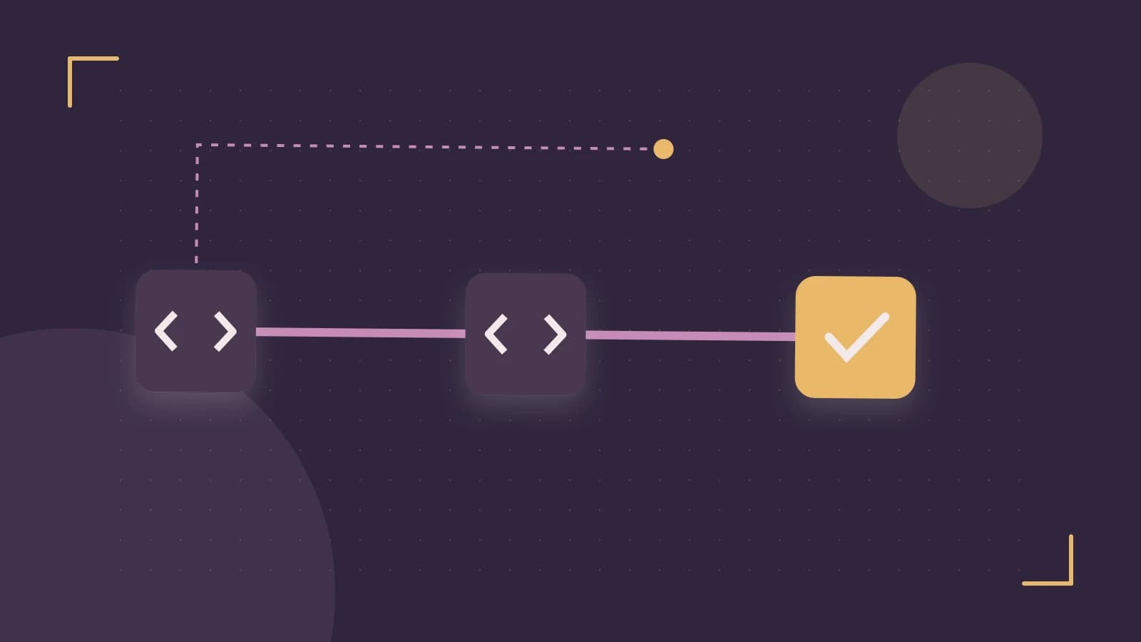 Editorial illustration of a branching build pipeline, staged transformations and a completed check