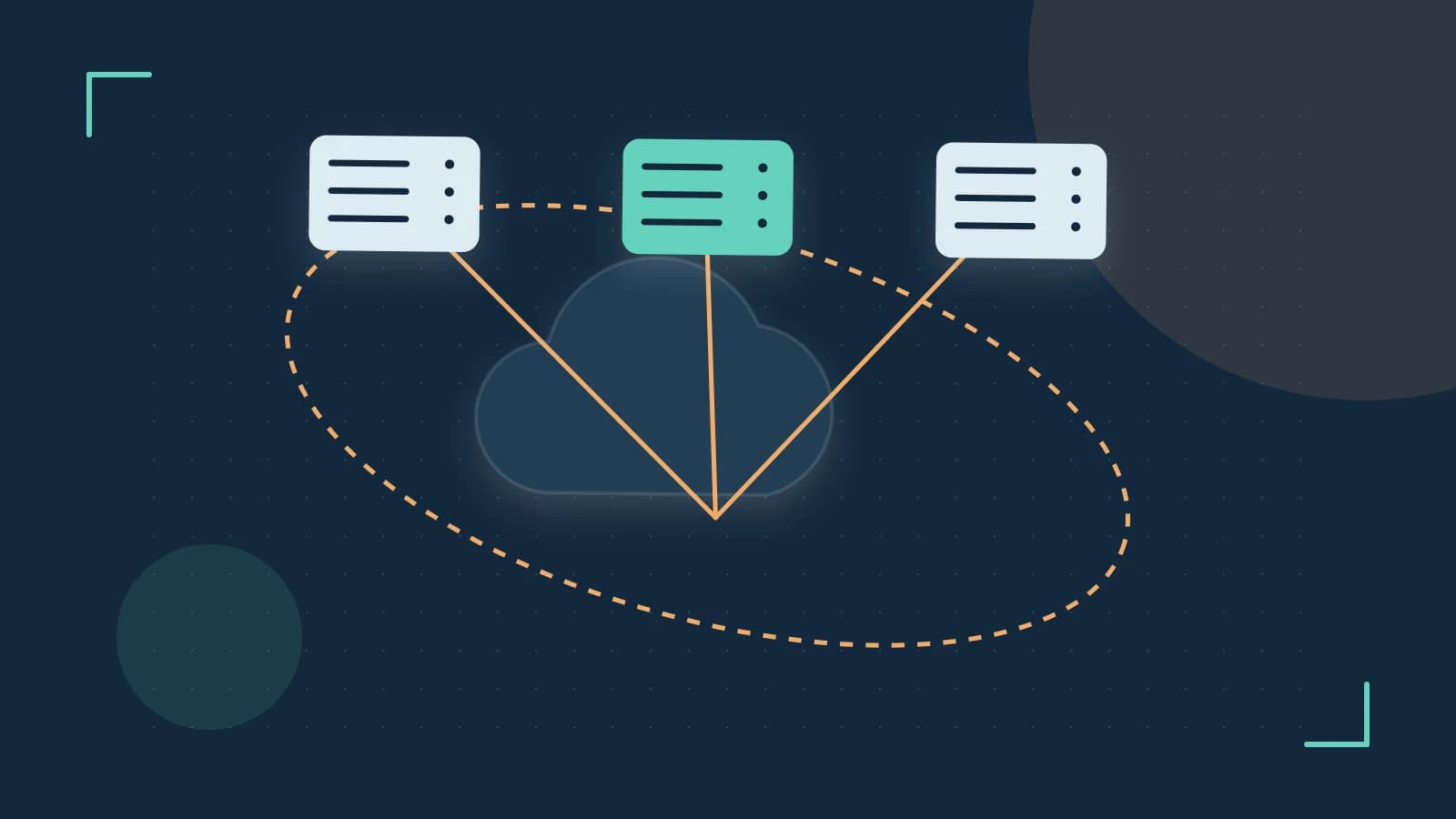 Editorial illustration of cloud infrastructure, connected server racks and an orbital service map